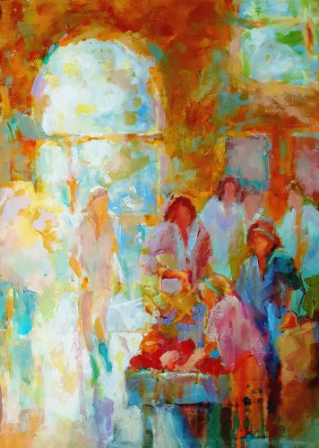 Dianne Schelble Market Day at Chases Daily_Sunlit entrance Acrylic on panel 28.5 x 20