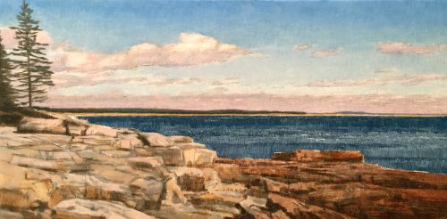 "Schoodic Point, Acadia N.P., Winter Harbor, Maine" by Bruce Busko Oil/Canvas 10" x 20"
