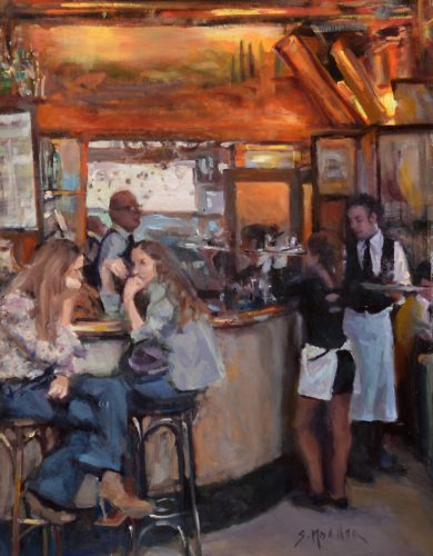 A Conversation at Café La Palette - Paris by Stan Moeller, oil, 18” x 14” 