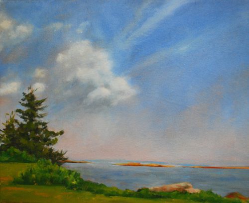 Diane Dolan’s “Summer Day” is representative of her precisely rendered landscapes which can be viewed at the Pemaquid Art Gallery this summer.