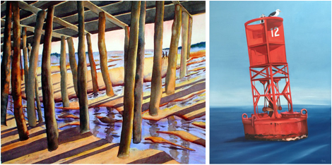 Left: Jean Kigel, “Dock Patterns”  Right: Caroline Loder, “Red Buoy #12”