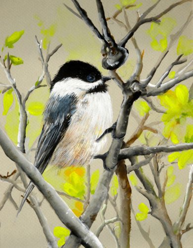 New Harbor painter Peggy Farrell s gouache painting “Chickadee in Forsythia” can be viewed at the Pemaquid Art Gallery.
