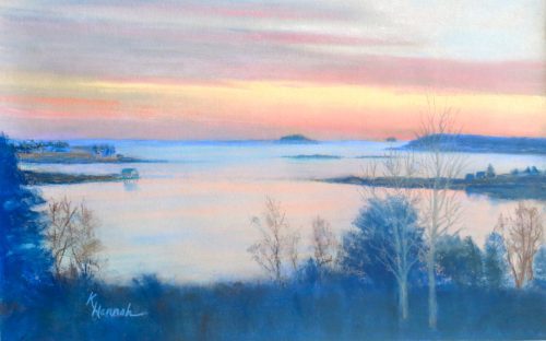 New Harbor artist Kay Sawyer Hannah’s interest in capturing the myriad colors of sunset is reflective of many of her works, including “The Bay’s Even Song”