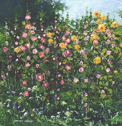 "Hollyhocks and Sunflowers" by Hannah Ineson