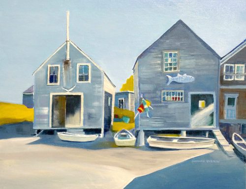 Well known for her watercolors, Hannah Ineson’s paintings of traditional coastal images now include many rendered in oil, like her “Fish Houses – Monhegan” currently on exhibit at the Pemaquid Art Gallery.