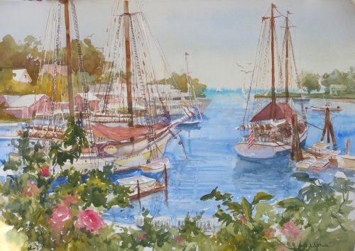 The vibrant colors and values of  “Camden Harbor” and other watercolor paintings by Jan Kilburn can be seen at the Pemaquid Art Gallery this summer.