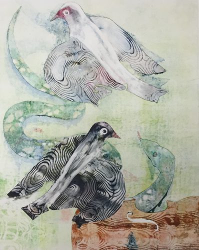 Two Birds and Snake, monoprint by Rich Entel