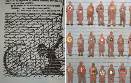 “Involuntary Incubator” by Rebecca Spilecki (left), “The Usual Suspects” by Barbra Whitten (right).