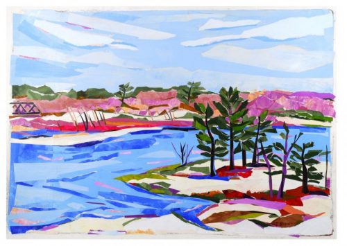 “Androscoggin River, February” by Robin Brooks | painted paper collage | 22″x30″ | private collection