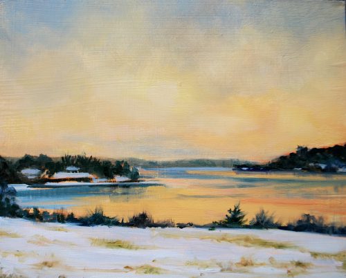 “A Winter Morning on the Harbor” is just one of the coastal landscapes by Round Pond Artist Dianne Smith Dolan on exhibit at the Pemaquid Art Galler