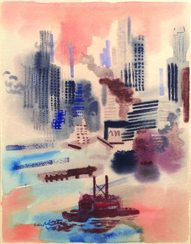 George Grosz, “New York Skyline, 1936” watercolor, 18” x 14”