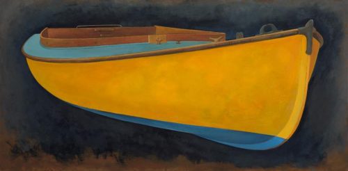 James Dodds, Yellow Beetle Cat, Bow, oil on linen, 30″ x 60″