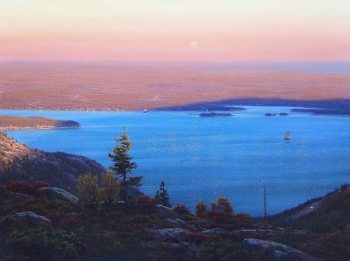 Joseph McGurl Cadillac Mountain Casts a Shadow on the Earth as the Moon Rises Oil on Panel 14 x 8.5 inches