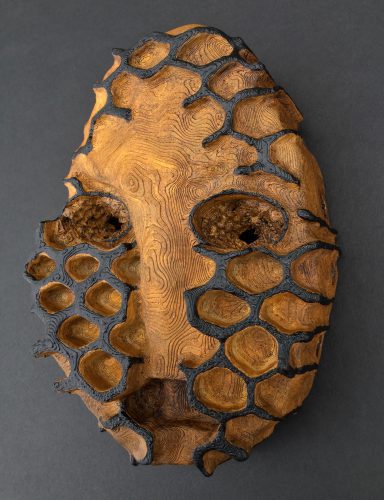 Kimberly Callas: Honey-eyed, 3D printed mask - PLA filament, yellow and black iron oxide, acrylic and wax, 10 x 7 x 3.5”