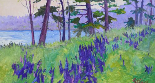 Andrea Peters, Lupine Land, oil on paper, 12x22”