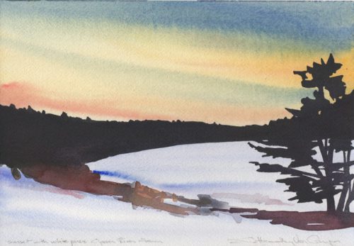 Susan Van Campen: Sunset with White Pines, watercolor, 13.5 x 16.5”
