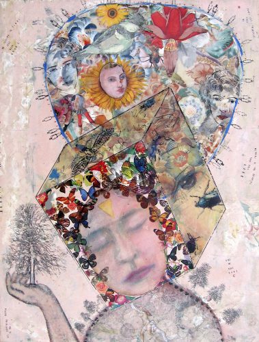 MJ Viano Crowe: Weight Of The World, mixed media on board (drawing, painting, collage), 18 x 15 x 5”