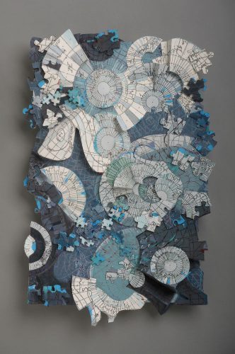 Phyllis Ewen “Northern Waters 4” Sculptural digital print, paint, and puzzle pieces 25 x 18.5”