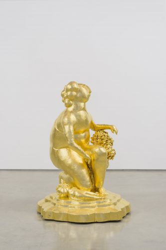 Matt Wedel, figure with child, 2015, porcelain and gold leaf, 53 1/2 x 36 x 39 1/2