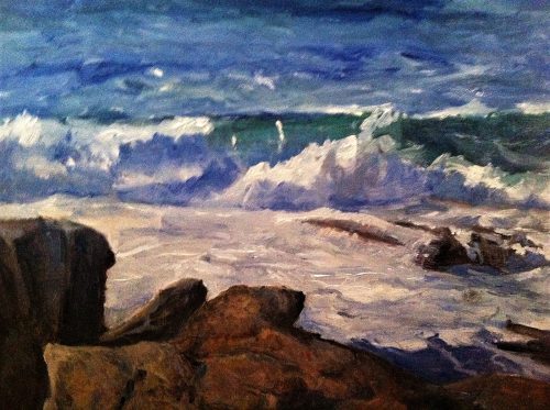 Bill Curtis’ oil painting, “Pemaquid Point Surf”