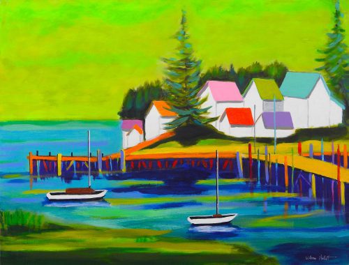 Bill Hallett’s “Coastal Fantasy” is representative of his uninhibited use of color in his coastal landscapes.