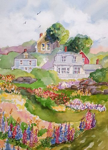 Kathleen Horst of Damariscotta is inspired by the historic architecture of Maine villages.  Her painting, “Stonington” reflects that inspiration.