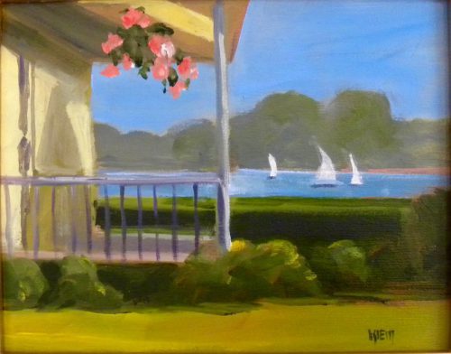 “Geraniums” by Barbara Klein  is typical of the visual memories she paints of the Bristol, Maine peninsula.
