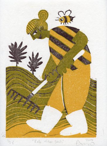 “Rake Them Seeds”, woodcut print, Anna O’Sullivan