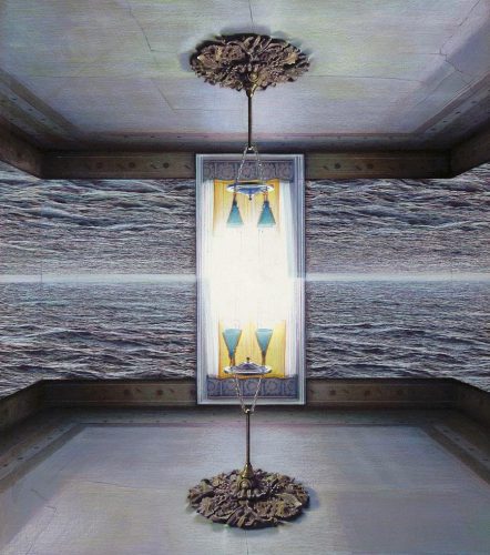 Eric Green, Mirrored Room Five, Graphite grisaille, colored pencil and UV varnish on board, 18" x 16"