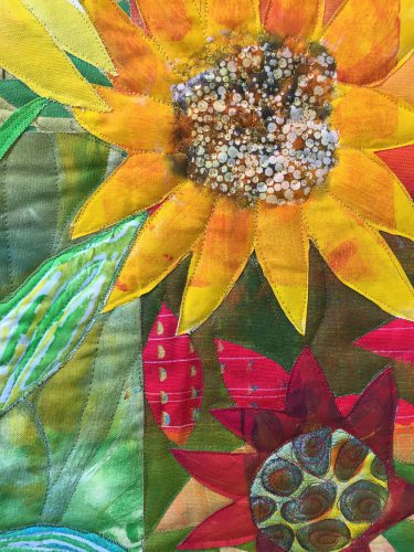 Detail of “Sunflowers” textile paint on canvas and cotton by Catherine Worthington
