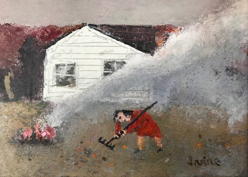 William Irvine, Woman Burning Brush, oil on panel, 12 x 16 inches