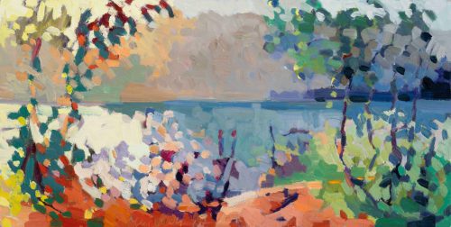 Henry Isaacs, Along the Tarn, Bar Harbor, oil on canvas, 12 x 24 inches
