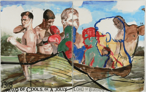 SHIP OF COOLS, OR, A JOLLY LOAD OF BOATMEN FLAT-OUT CROSSING THE MAIN-STREAM, SOME BEING KINGS, AND SOME BEING 'VAGABONDS." (WE AWAIT YOUR APPLAUSE), 2016, Watercolor, acrylic and ink on 2 paper panels, Courtesy of the artist