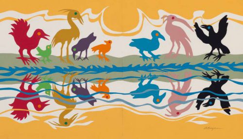 Ashley Bryan (United States, born 1923), "The birds' colors were mirrored in the waters," circa 2002, from "Beautiful Blackbird," collage of cut colored paper on paper, 11 5/16 x 20 inches. The Eric Carle Museum of Picture Book Art, Amherst, Massachusetts. 