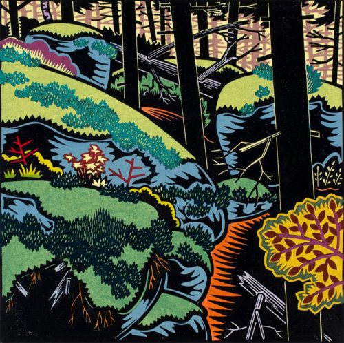 Holly Berry, Trail to the Top, Linocut, 10.5 x 10.5 inches