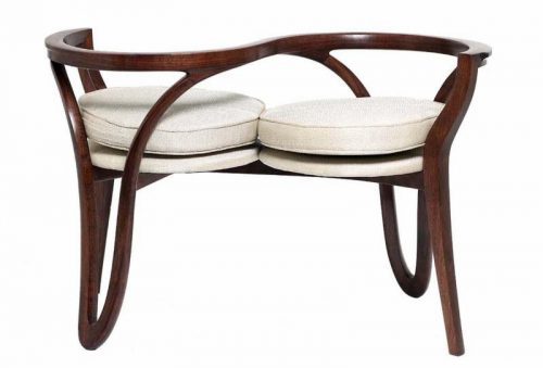 Thomas Hucker, "Courting Chair" Walnut, Thai silk blend upholstery 25"h x 40"w x 18"d