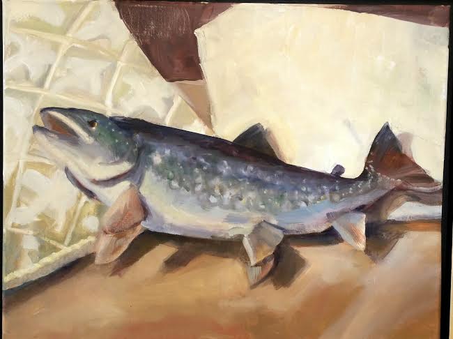 Liz Cutler, “The Painting of a Mackeral”, 2016, oil on shellacked paper 
