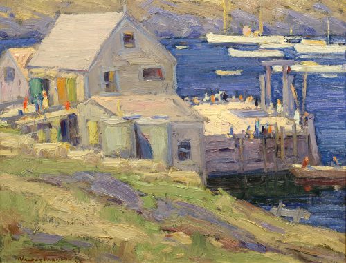 Walter Farndon (American, 1876-1964), “Summer Day, Monhegan Harbor,” oil on board, 14" x 18"