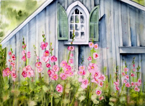 Artist Peggy Farrell responds to life around her and was inspired to paint “Jefferson Barn & Hollyhocks” at the sight of an old barn shed and its bountiful hollyhock blooms.
