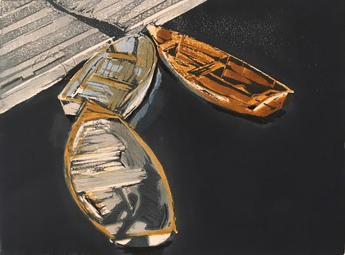 ”The Skiffs”, linocut by Deborah Kozak. 