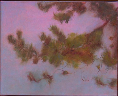 The intense color of “Pine Branch” by Bev Walker is typical of the artist’s oil paintings of coastal scenes.