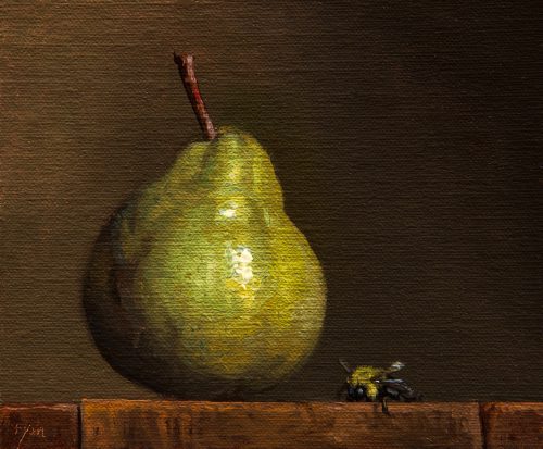 Abbey Ryan, Still Life with Pear and Bumble Bee, 8 by 6 inches, oil.