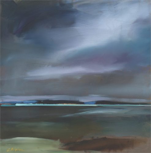 Claire Bigbee | Purple Sunset by Casco Bay | Acrylic & Oil Stick | 24" X 24" 