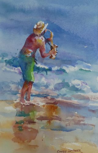 Artist Cindy Spencer’s “Inspiring Improvs” watercolor can be viewed at the Pemaquid Art Gallery.