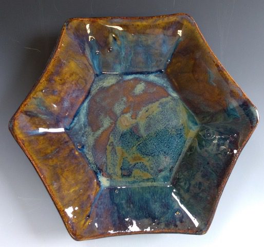 Pemaquid Hexagonal Medium Bowl blue rutile vert lustre palladium tan speckle clay